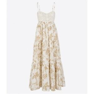 American Eagle Maxi Dress Large Crochet Tiered Floral Boho Ivory Tan EuroSummer